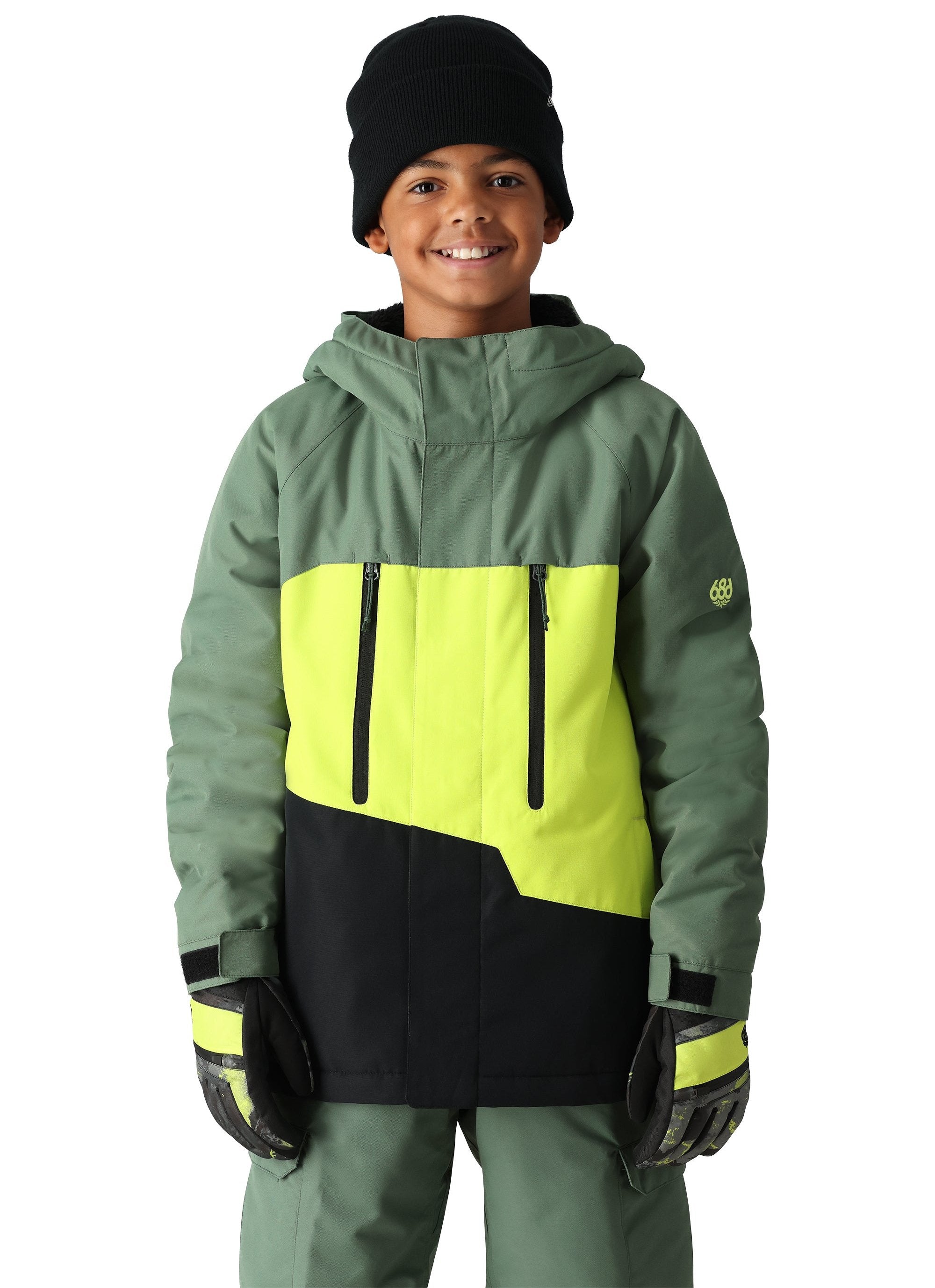 The 686 Youth GEO Insulated Jacket 2025 is primarily sage green with a bright yellow accent panel on the front and black accents.