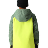 The 686 Youth GEO Insulated Jacket 2025 features a bright yellow chest panel on a sage green jacket with an attached hood.