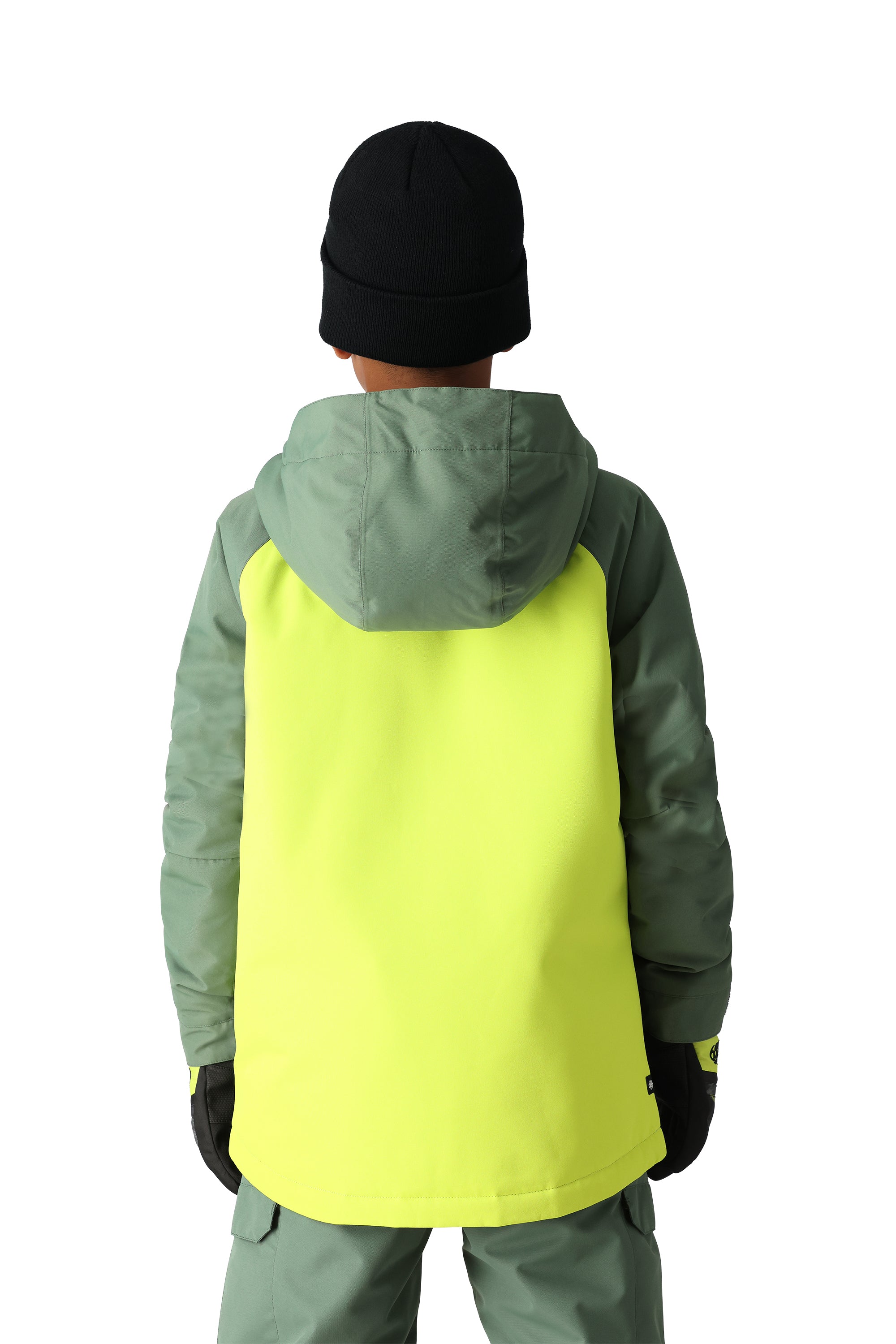 The 686 Youth GEO Insulated Jacket 2025 features a bright yellow chest panel on a sage green jacket with an attached hood.
