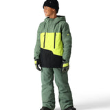 The 686 Youth GEO Insulated Jacket 2025 is predominantly sage green with a neon yellow and black geometric design on the front.
