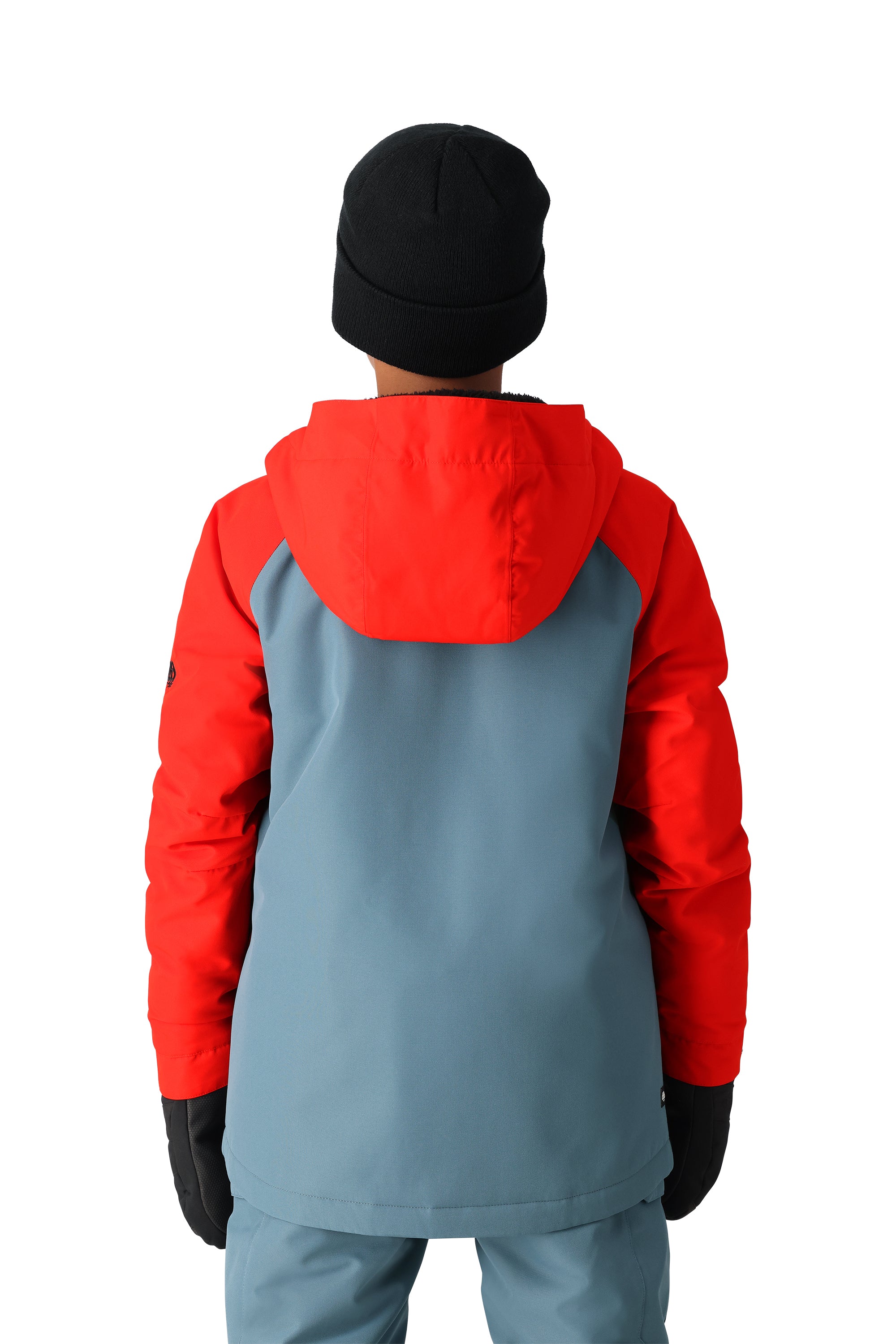 The 686 Youth GEO Insulated Jacket 2025 is showcased in red and gray on a model wearing it from the back.