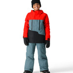 The 686 Youth GEO Insulated Jacket 2025 is predominantly red with a black and blue-grey color block design on the front.