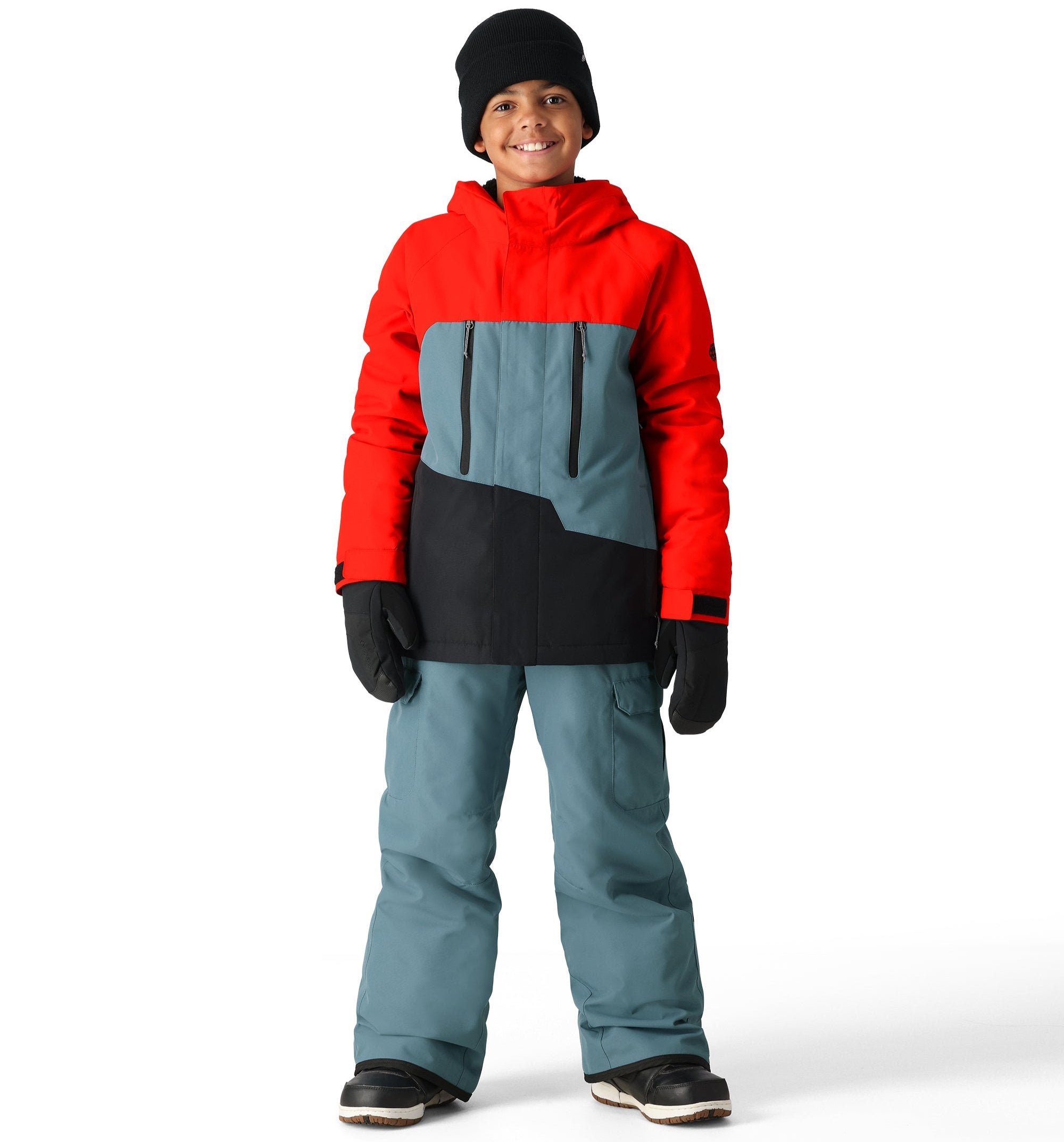 The 686 Youth GEO Insulated Jacket 2025 is predominantly red with a black and blue-grey color block design on the front.