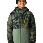 The 686 Hydra Insulated Jacket is depicted in camouflage and green hues, with an insulated hood.