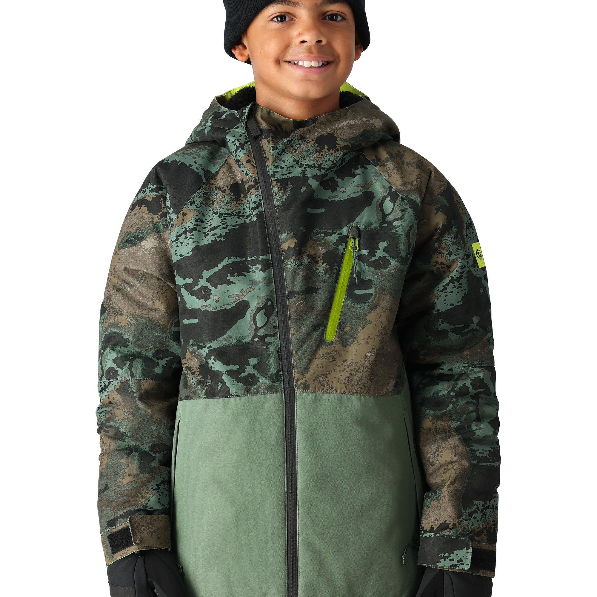 The 686 Hydra Insulated Jacket is depicted in camouflage and green hues, with an insulated hood.