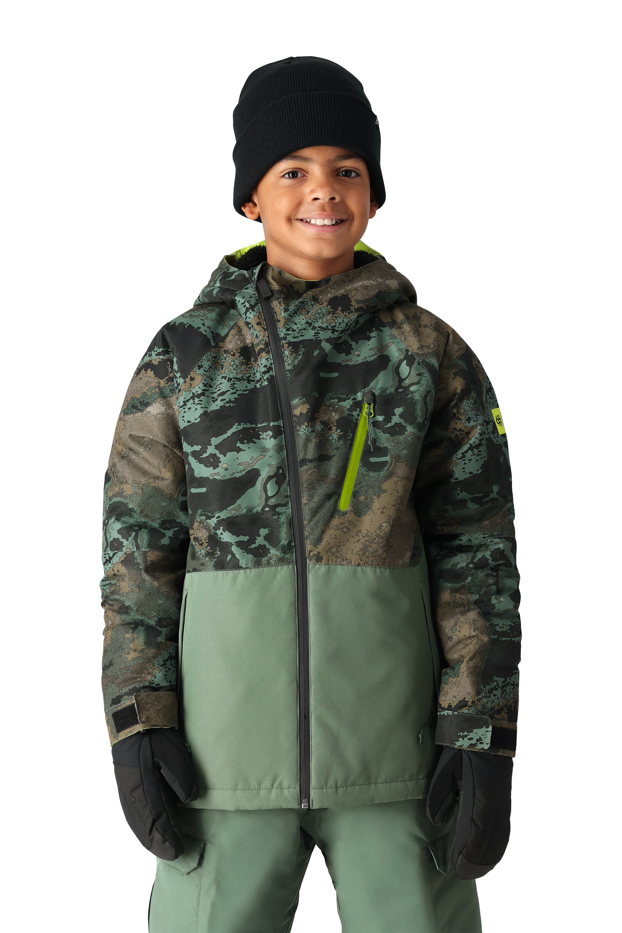 The 686 Hydra Insulated Jacket is depicted in camouflage and green hues, with an insulated hood.