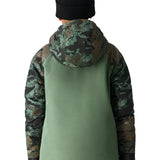 The 686 Hydra Insulated Jacket in green camouflage pattern features a hood and appears to be worn by an unseen model.