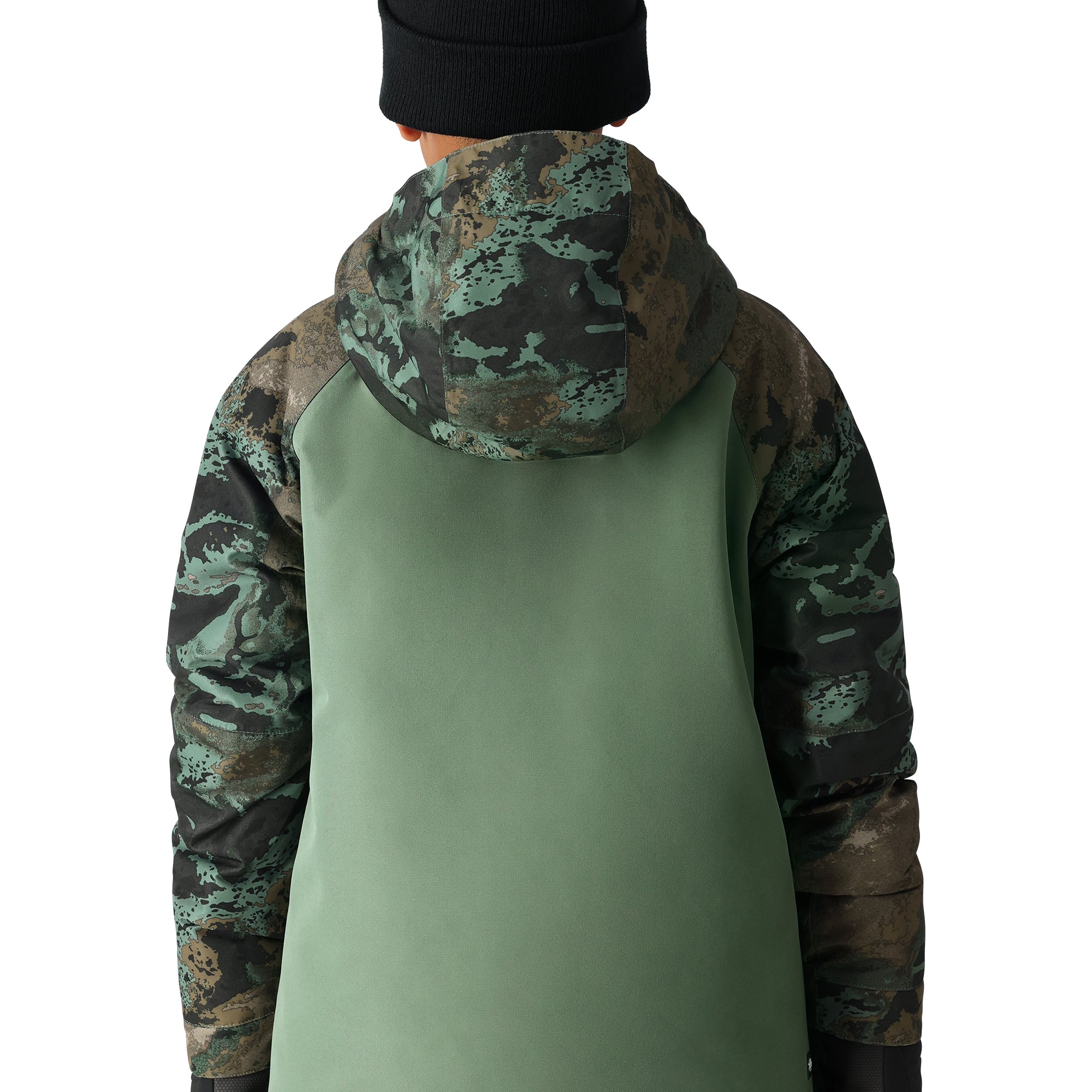 The 686 Hydra Insulated Jacket in green camouflage pattern features a hood and appears to be worn by an unseen model.