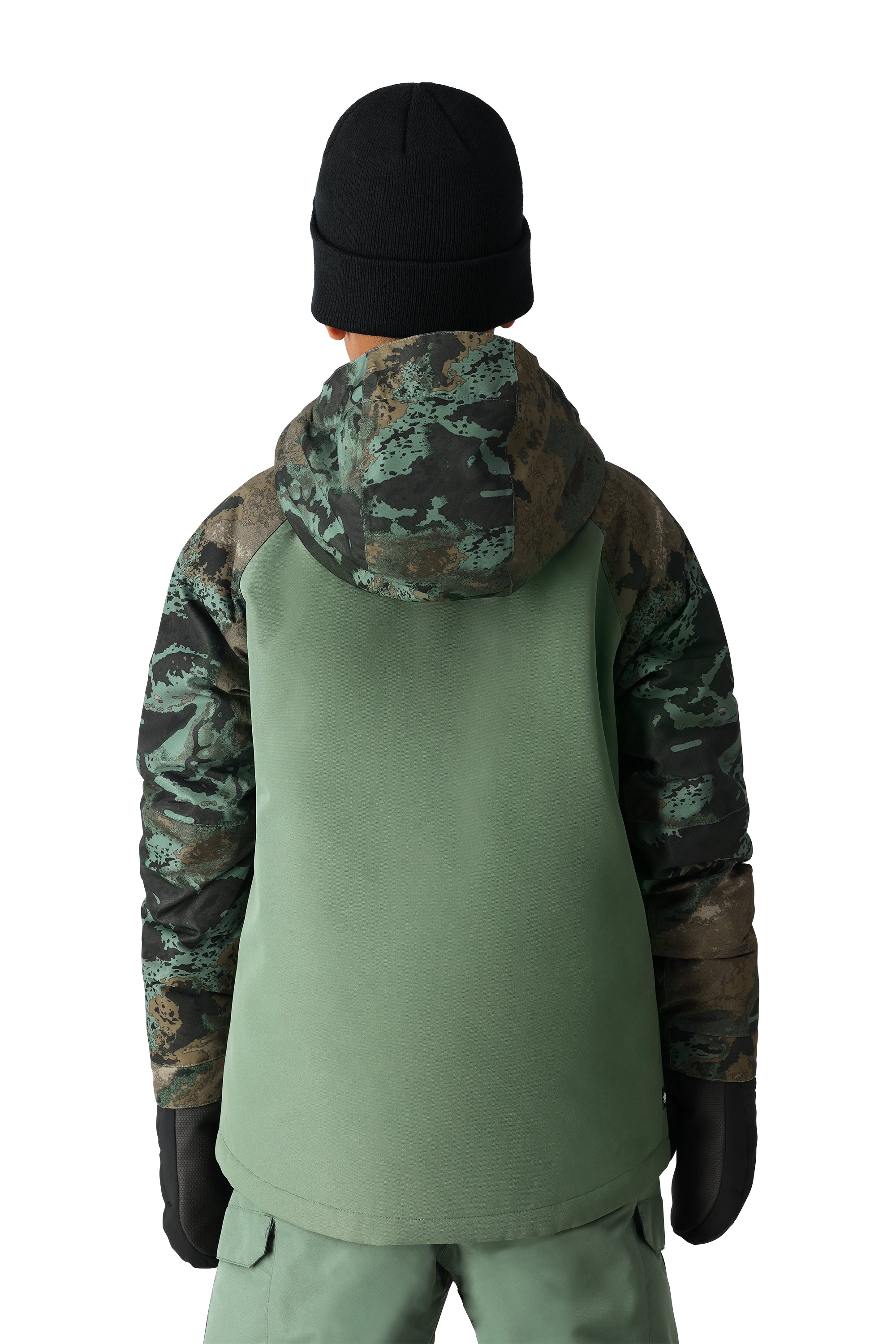 The 686 Hydra Insulated Jacket in green camouflage pattern features a hood and appears to be worn by an unseen model.
