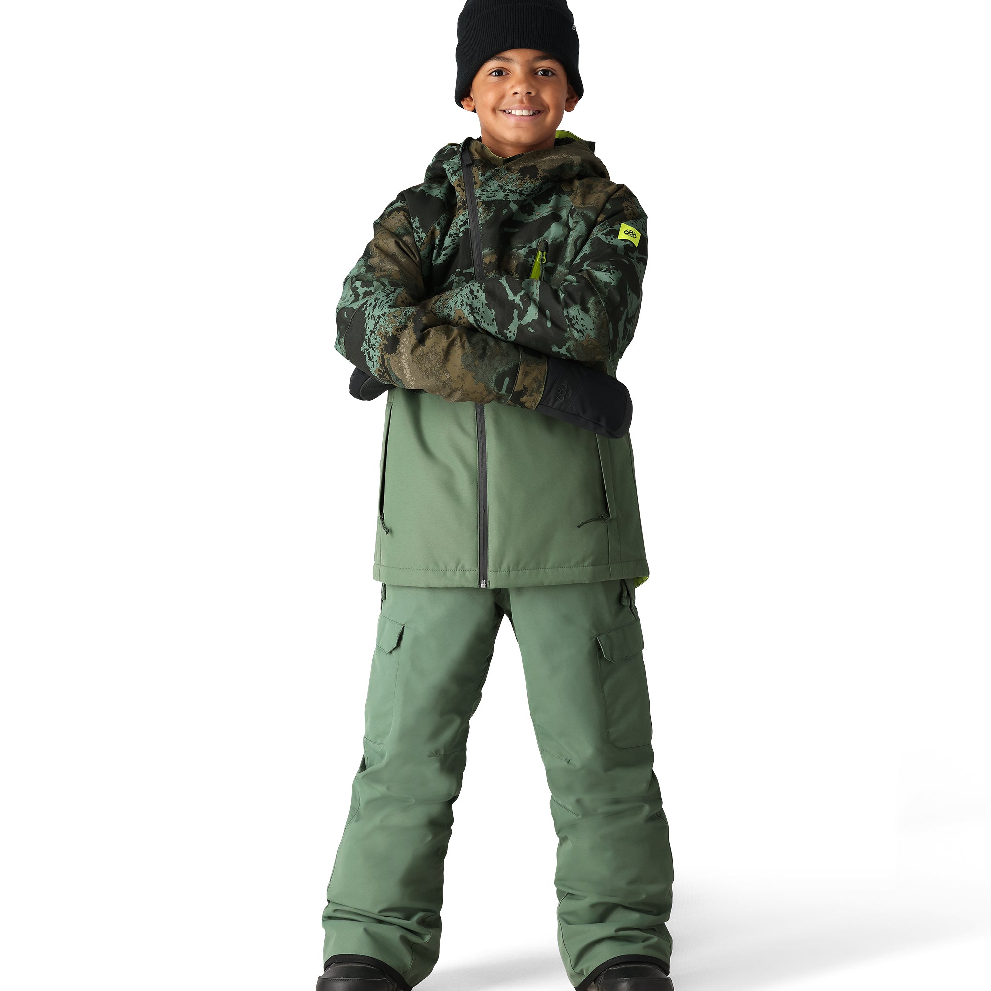 The 686 Boys' Hydra Insulated Jacket 2025 has a green and black camouflage pattern on its front view.