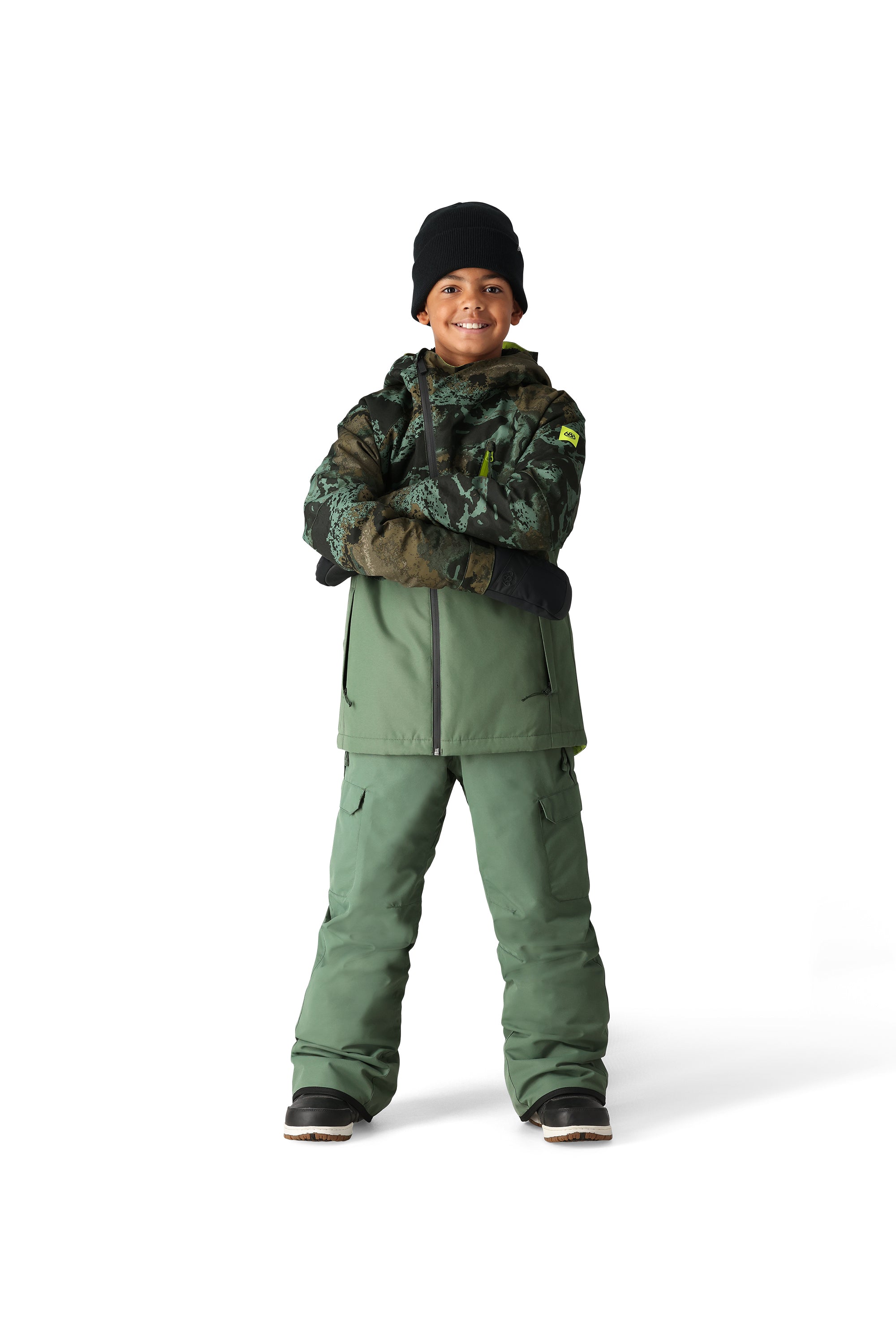 The 686 Boys' Hydra Insulated Jacket 2025 has a green and black camouflage pattern on its front view.