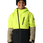 The 686 Boys' Hydra Insulated Jacket 2025 is primarily neon yellow and black with khaki accents.