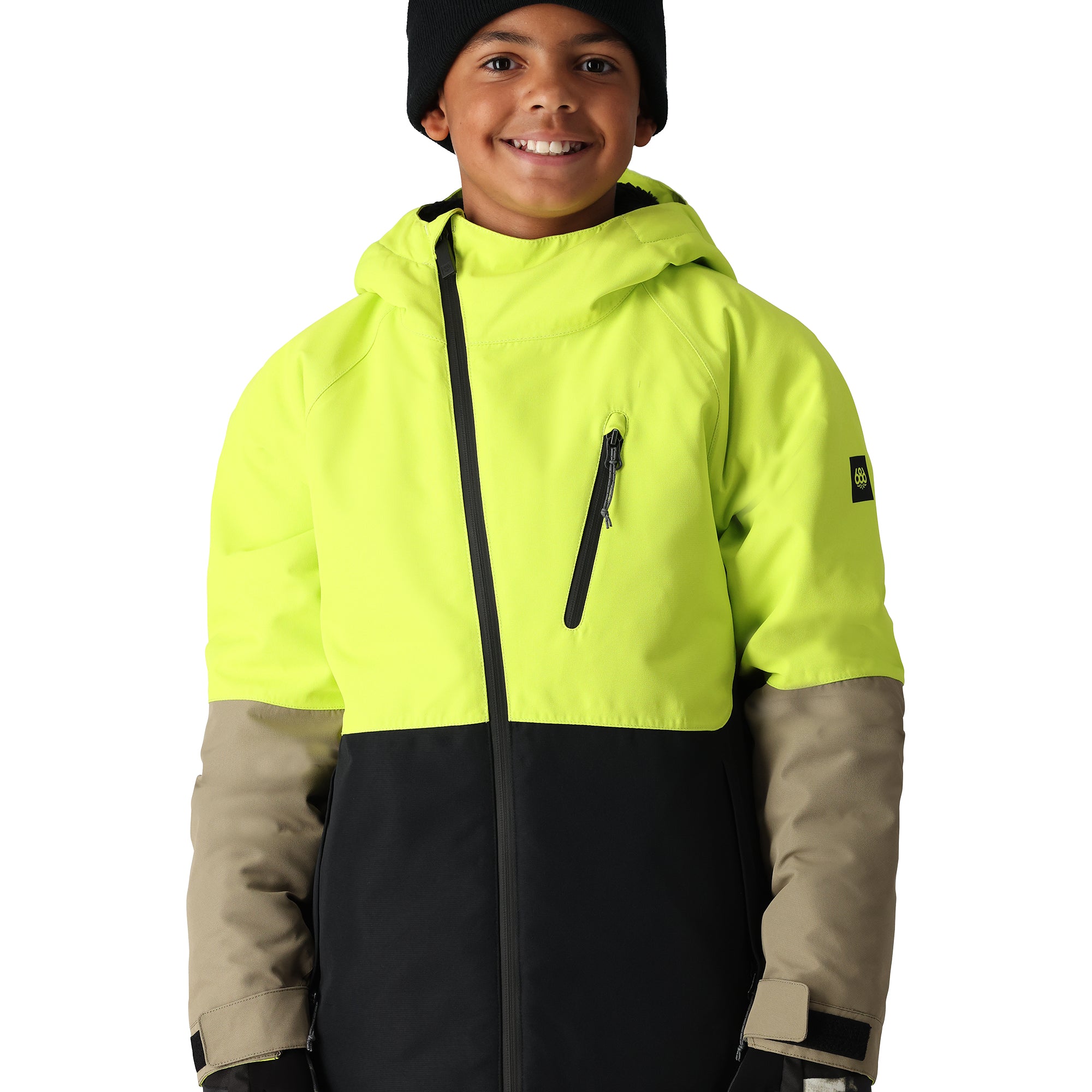 The 686 Boys' Hydra Insulated Jacket 2025 is primarily neon yellow and black with khaki accents.