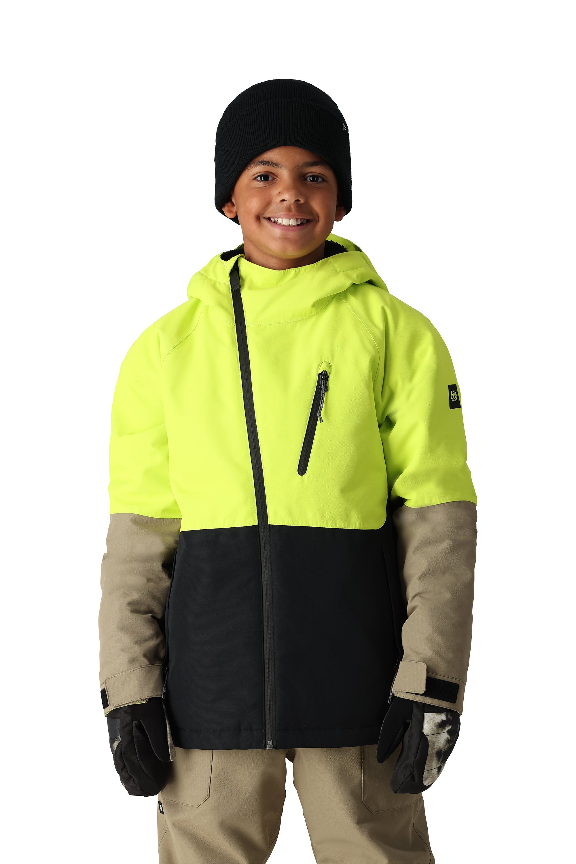 The 686 Boys' Hydra Insulated Jacket 2025 is primarily neon yellow and black with khaki accents.