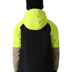 The 686 Boys' Hydra Insulated Jacket 2025 is depicted from behind, showcasing its black body with neon yellow shoulders and sleeves.