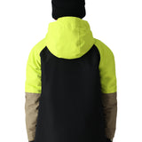 The 686 Boys' Hydra Insulated Jacket 2025 is depicted from behind, showcasing its black body with neon yellow shoulders and sleeves.