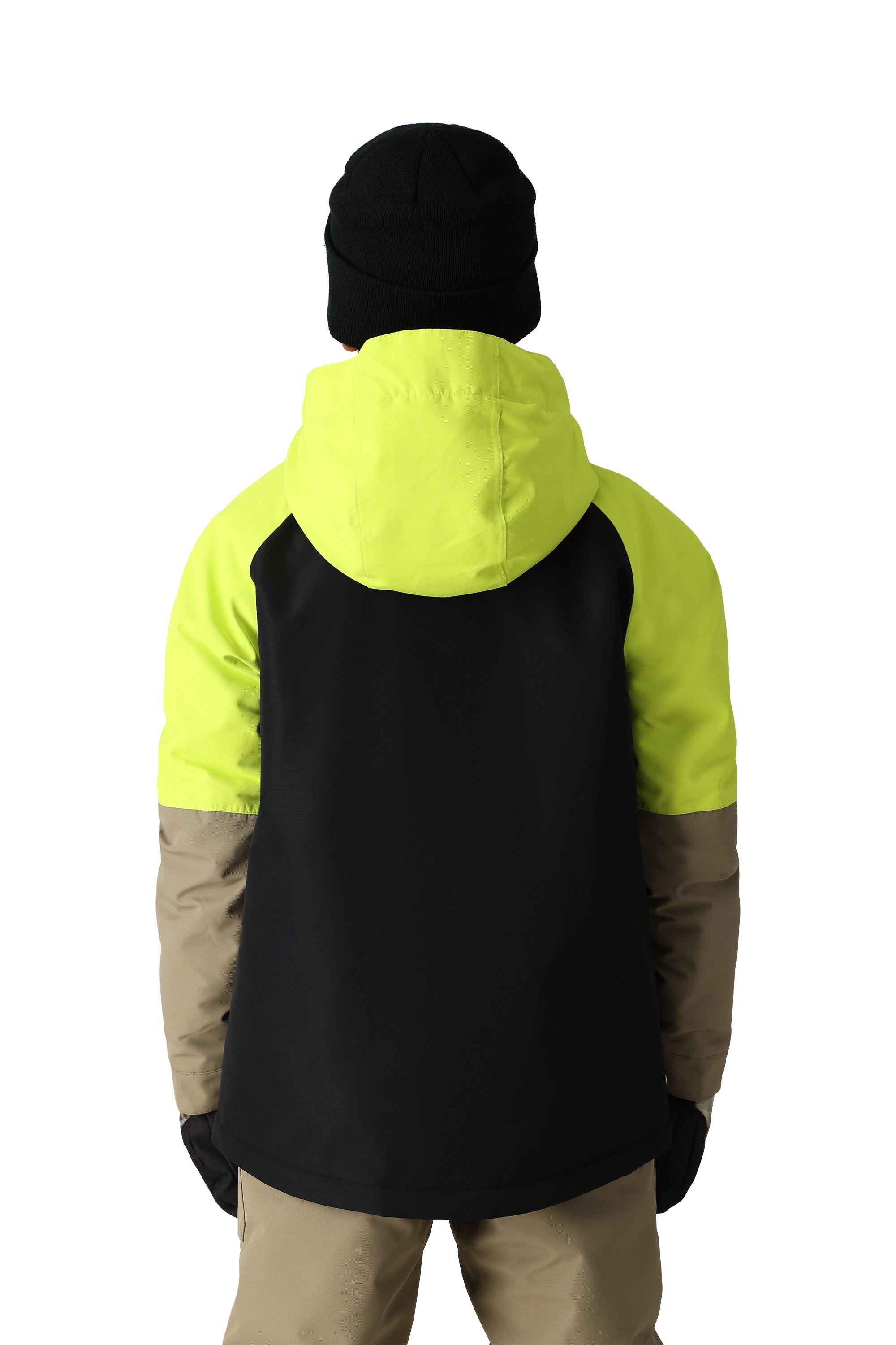 The 686 Boys' Hydra Insulated Jacket 2025 is depicted from behind, showcasing its black body with neon yellow shoulders and sleeves.