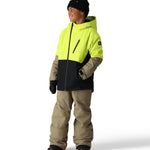 The 686 Hydra Insulated Jacket in neon yellow and black has a front zippered pocket.