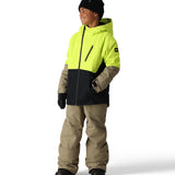 The 686 Hydra Insulated Jacket in neon yellow and black has a front zippered pocket.