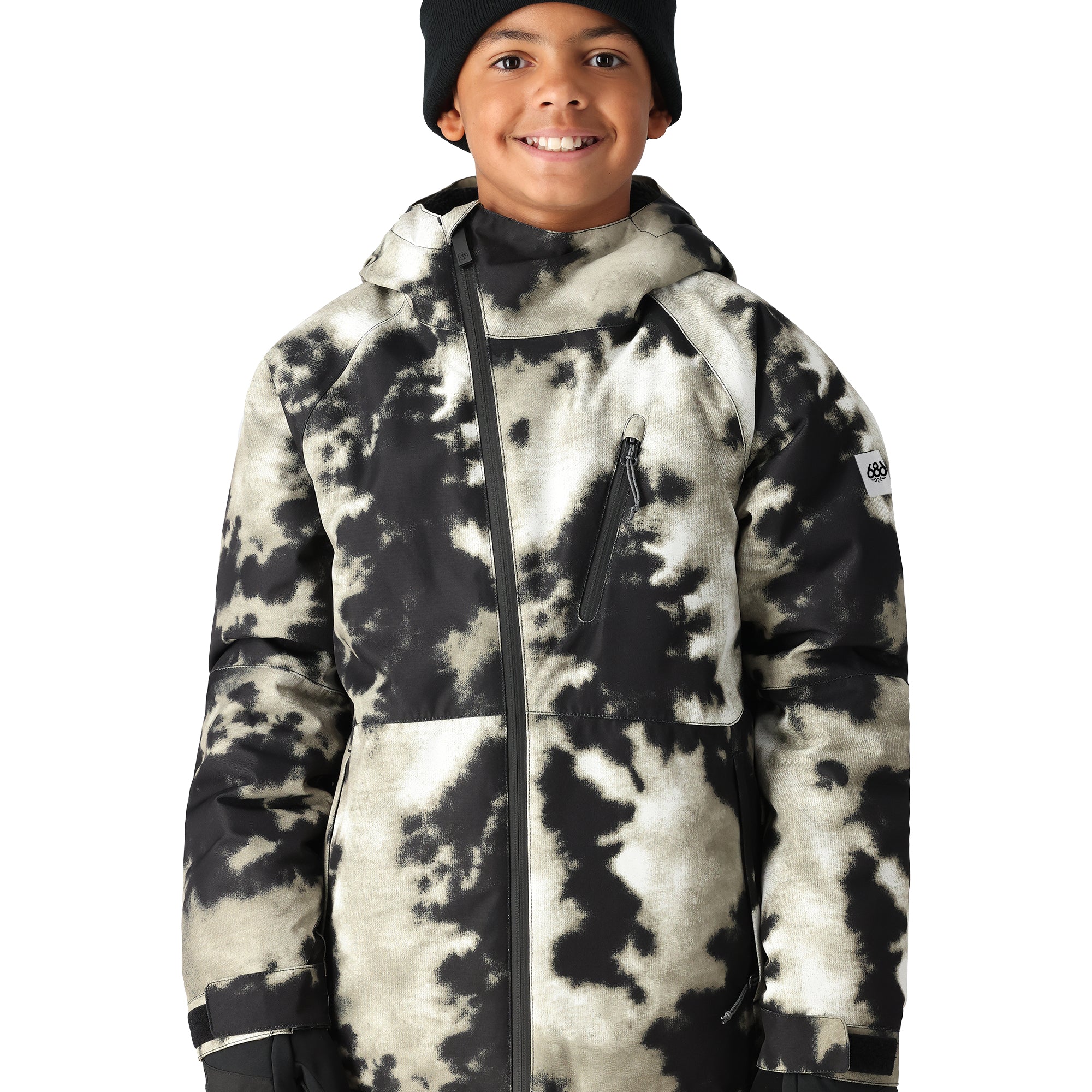 The 686 Boys' Hydra Insulated Jacket 2025 is predominantly black and white with a snowboarder in action on the front.