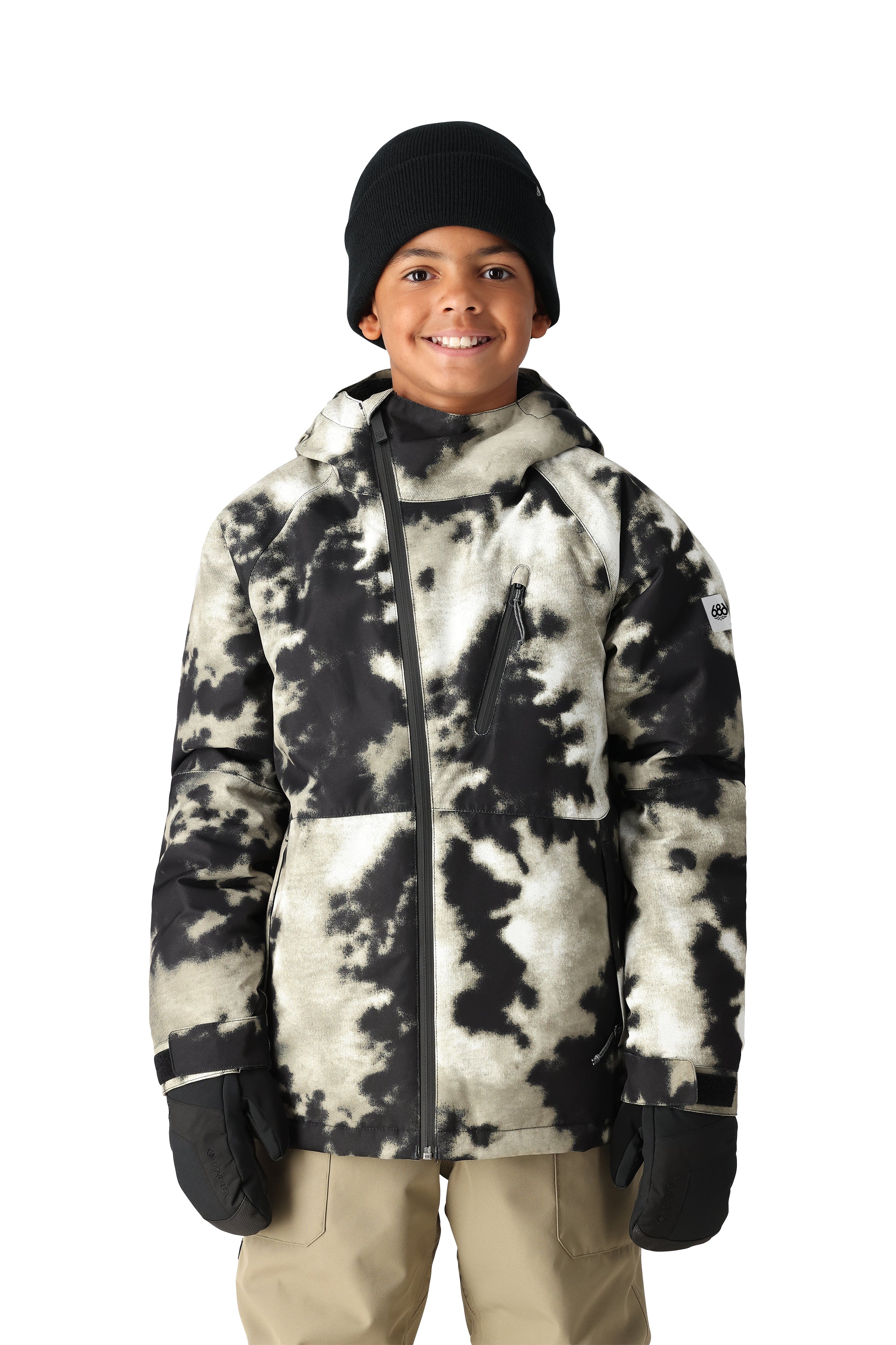 The 686 Boys' Hydra Insulated Jacket 2025 is predominantly black and white with a snowboarder in action on the front.