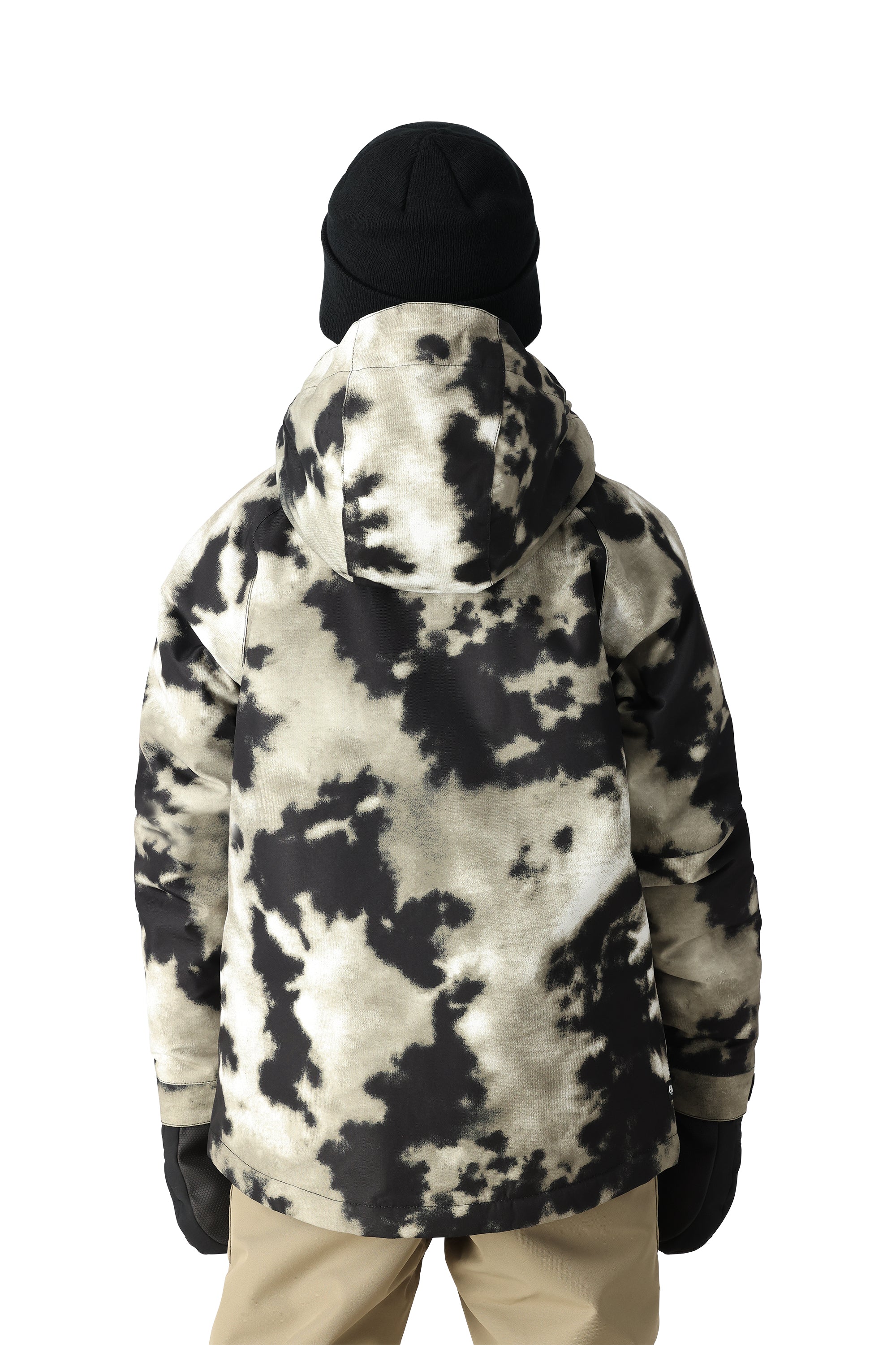 The 686 Boys' Hydra Insulated Jacket in black and white tie-dye pattern has an insulated hood.