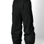 Men's black cargo pants with button waist, belt loops, and side cargo pockets