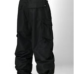 Men's black cargo pants with elastic waist, front pockets, and side cargo flaps