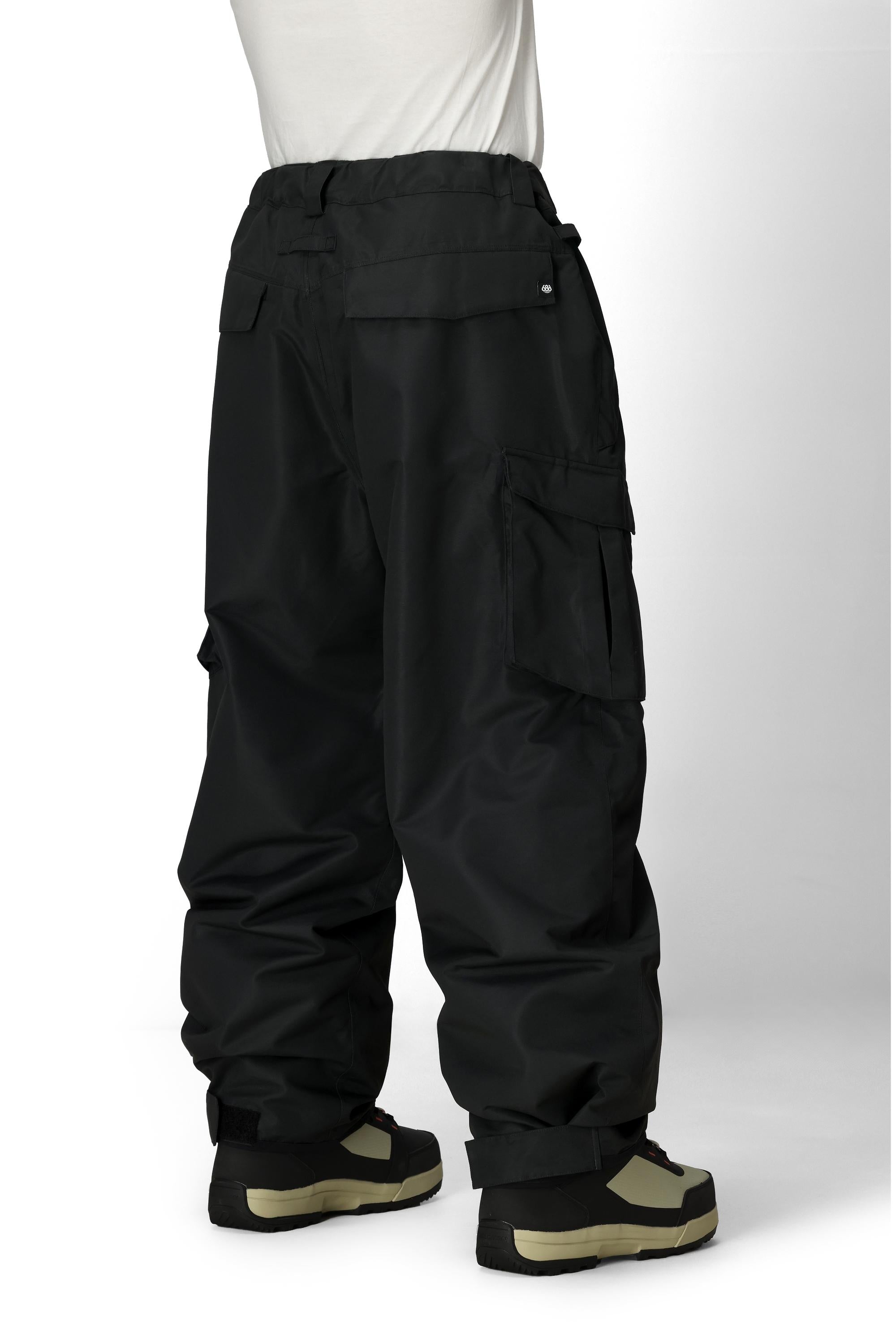 Men's black cargo pants with elastic waist, front pockets, and side cargo flaps