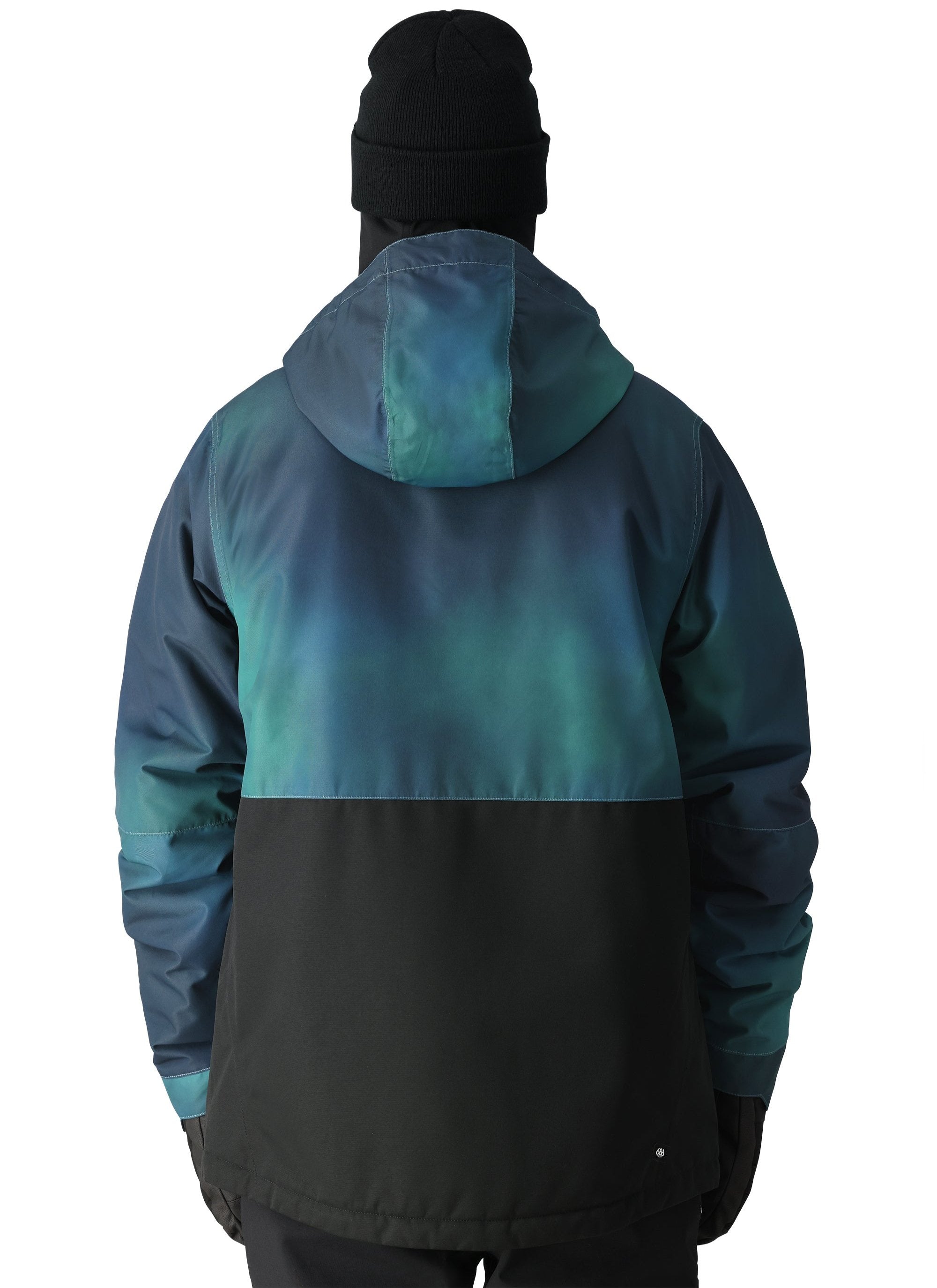 The 686 Foundation Insulated Jacket 2025 is predominantly black with blue and green accents at the top.