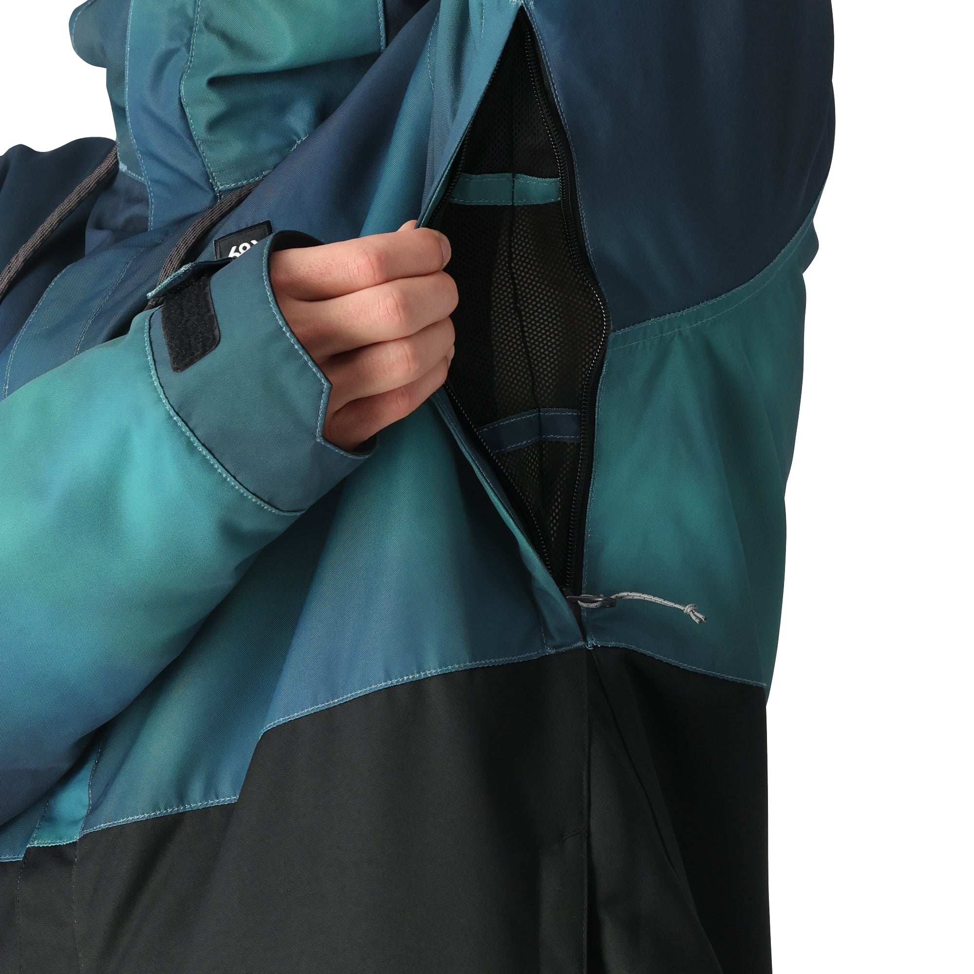 The 686 Foundation Insulated Jacket 2025 is shown from the front with a black and teal ombre design.