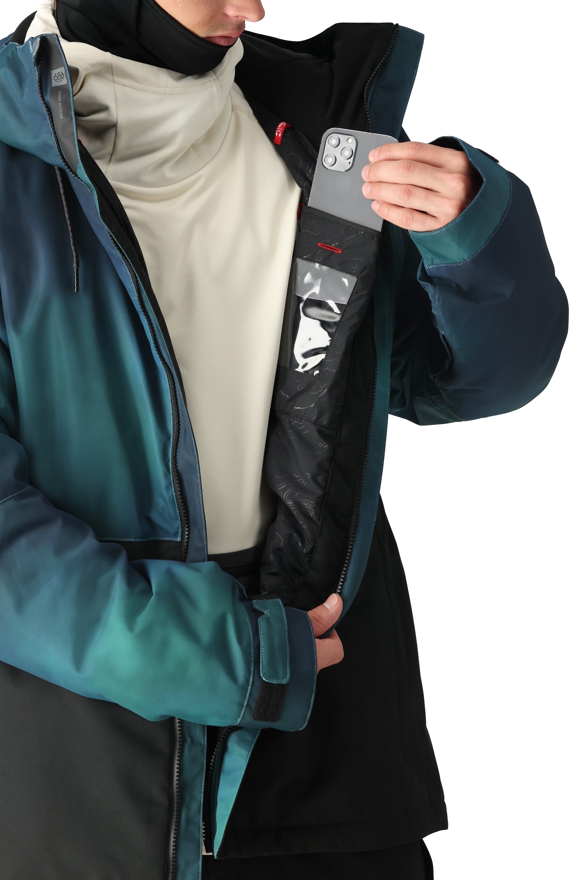 The 686 Foundation Insulated Jacket 2025 is primarily dark green with black accents and has an insulated hood.