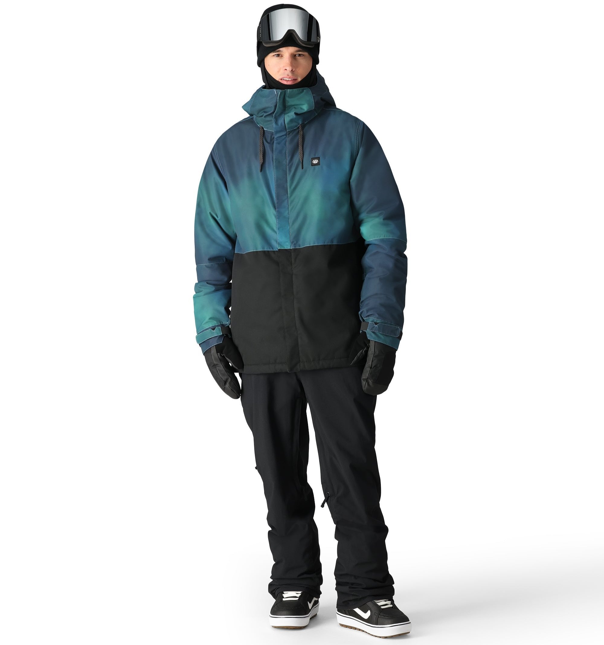 The 686 Foundation Insulated Jacket 2025 has a gradient blue and black color scheme with a hood.