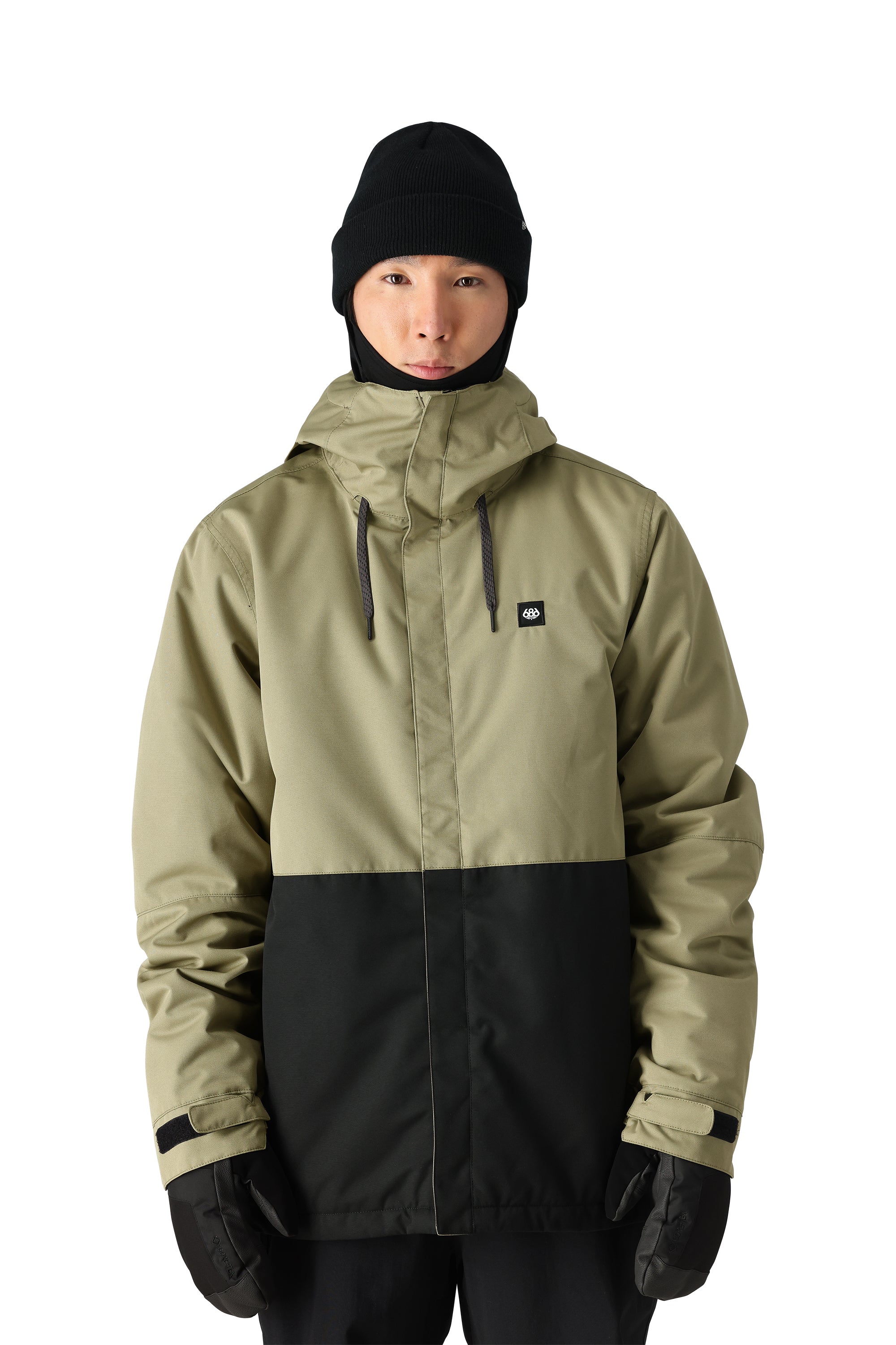 The 686 Foundation Insulated Jacket in khaki and black has an insulated hood.