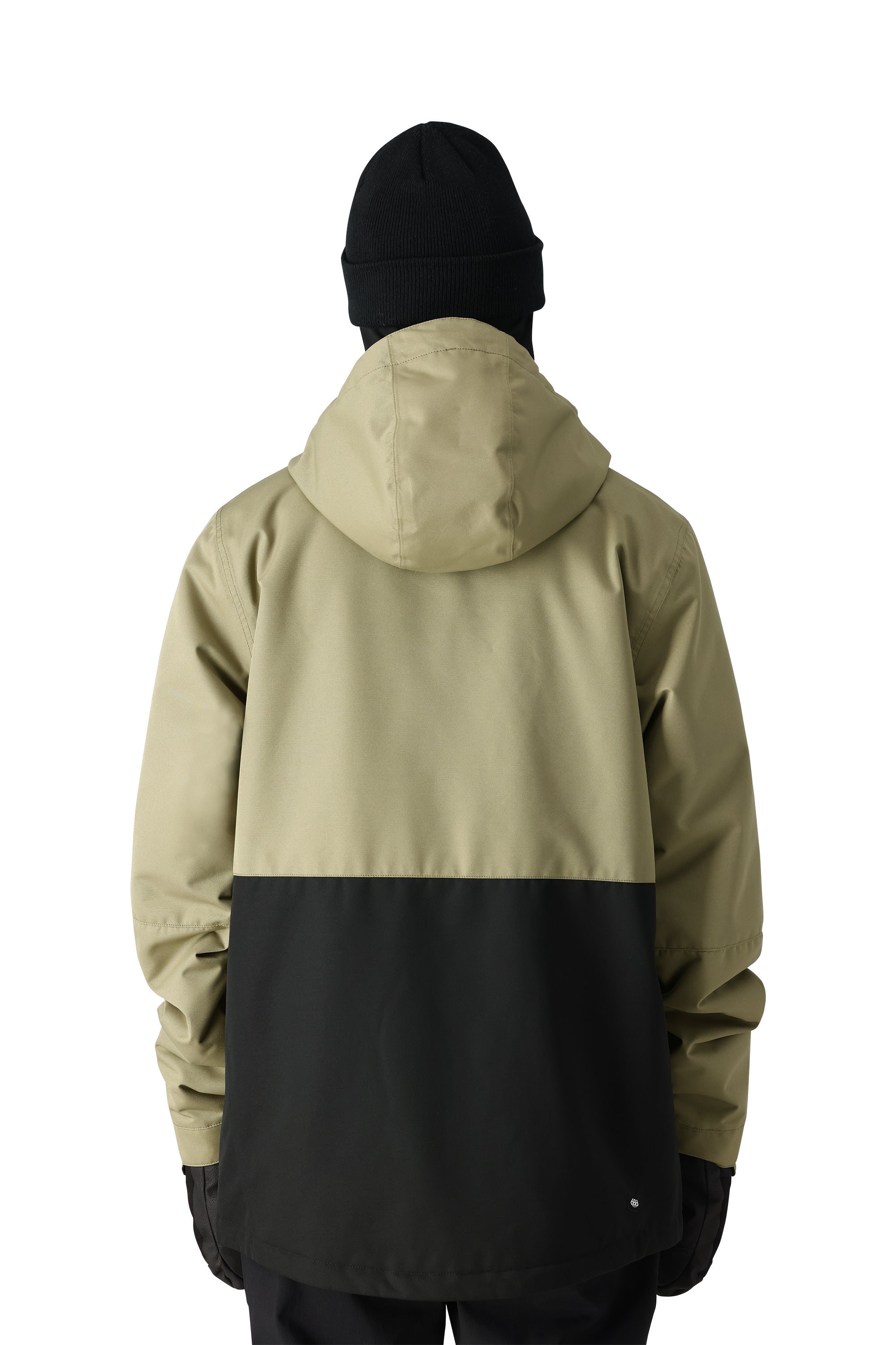 The 686 Foundation Insulated Jacket 2025 is pictured from the back in khaki and black.