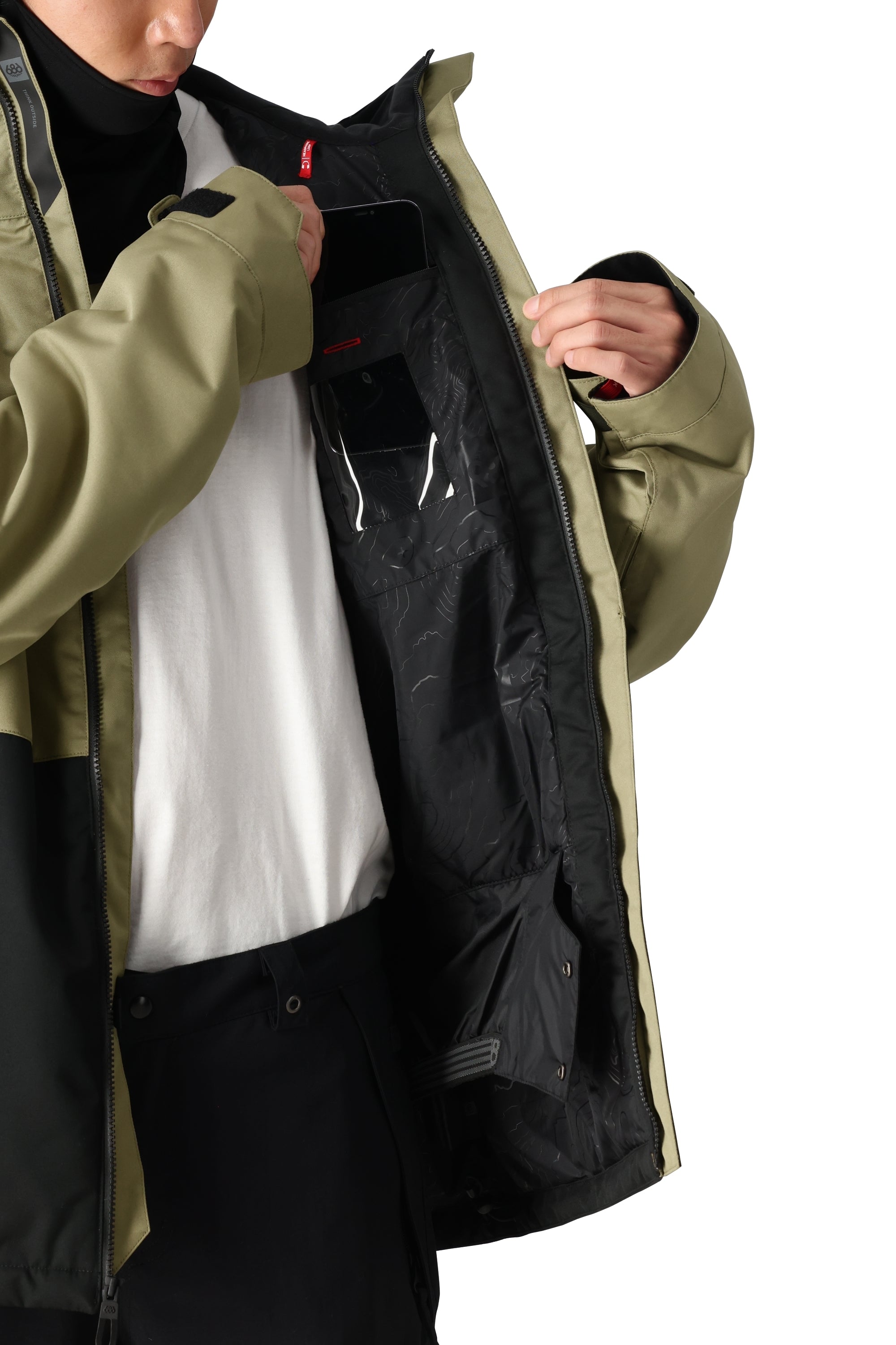 The 686 Foundation Insulated Jacket 2025, as seen in this front view, is olive green with an insulated hood and a zippered chest pocket.