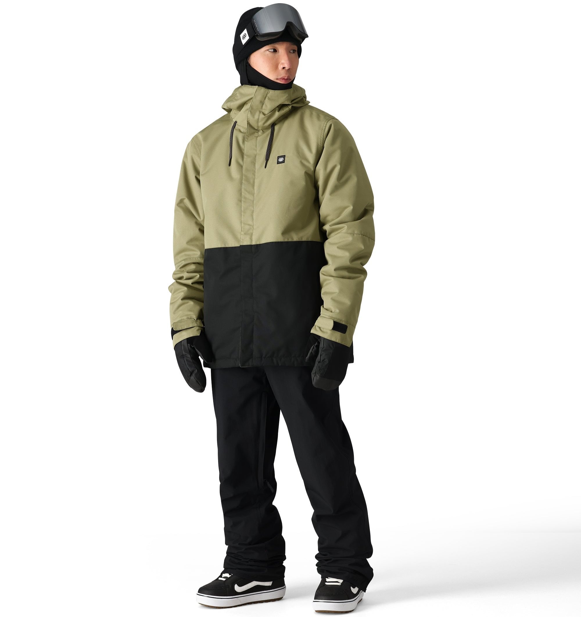 The 686 Foundation Insulated Jacket 2025 is shown in an olive green and black color combination with a high collar.