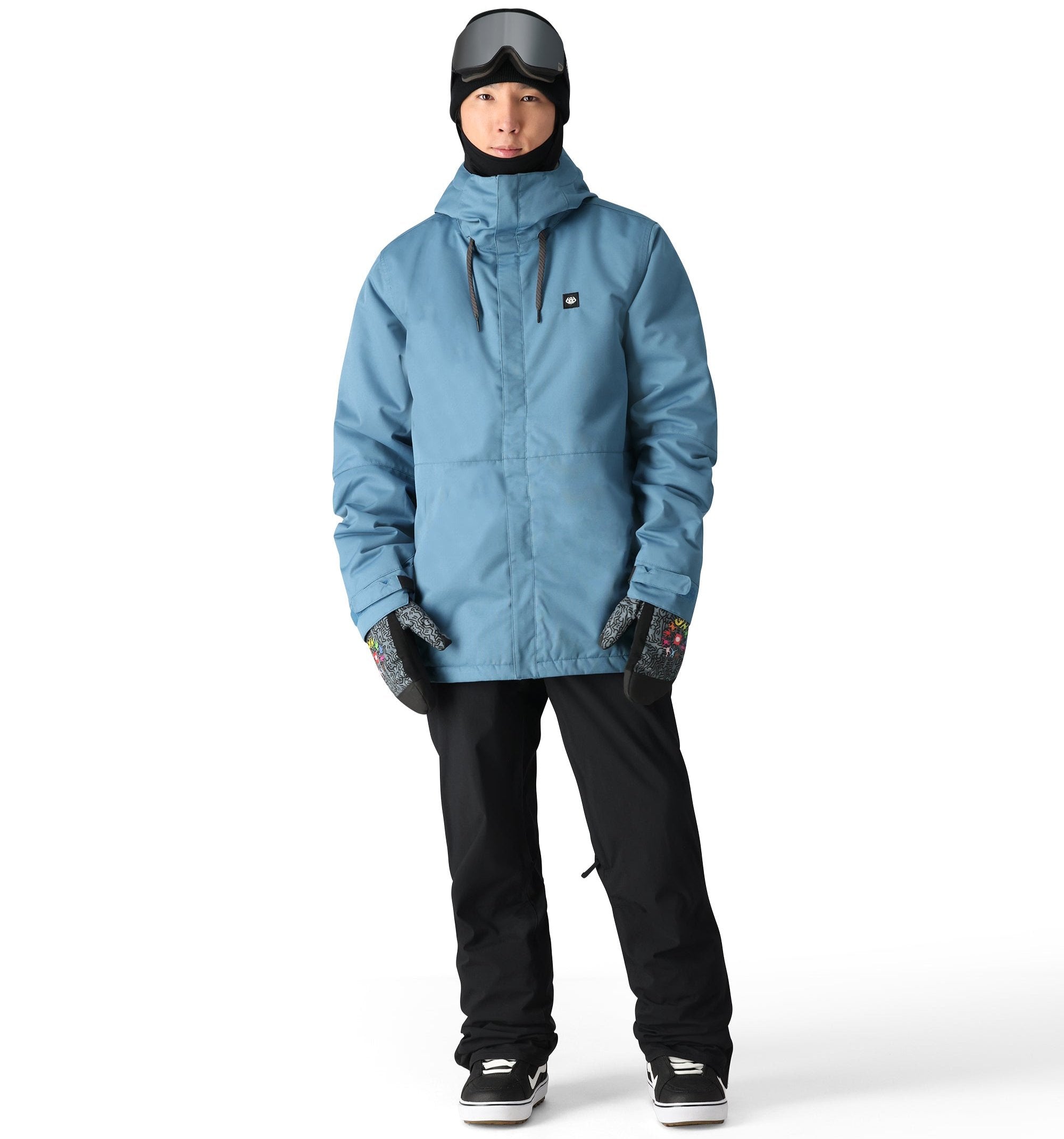 The 686 Foundation Insulated Jacket is primarily blue and has an insulated hood.