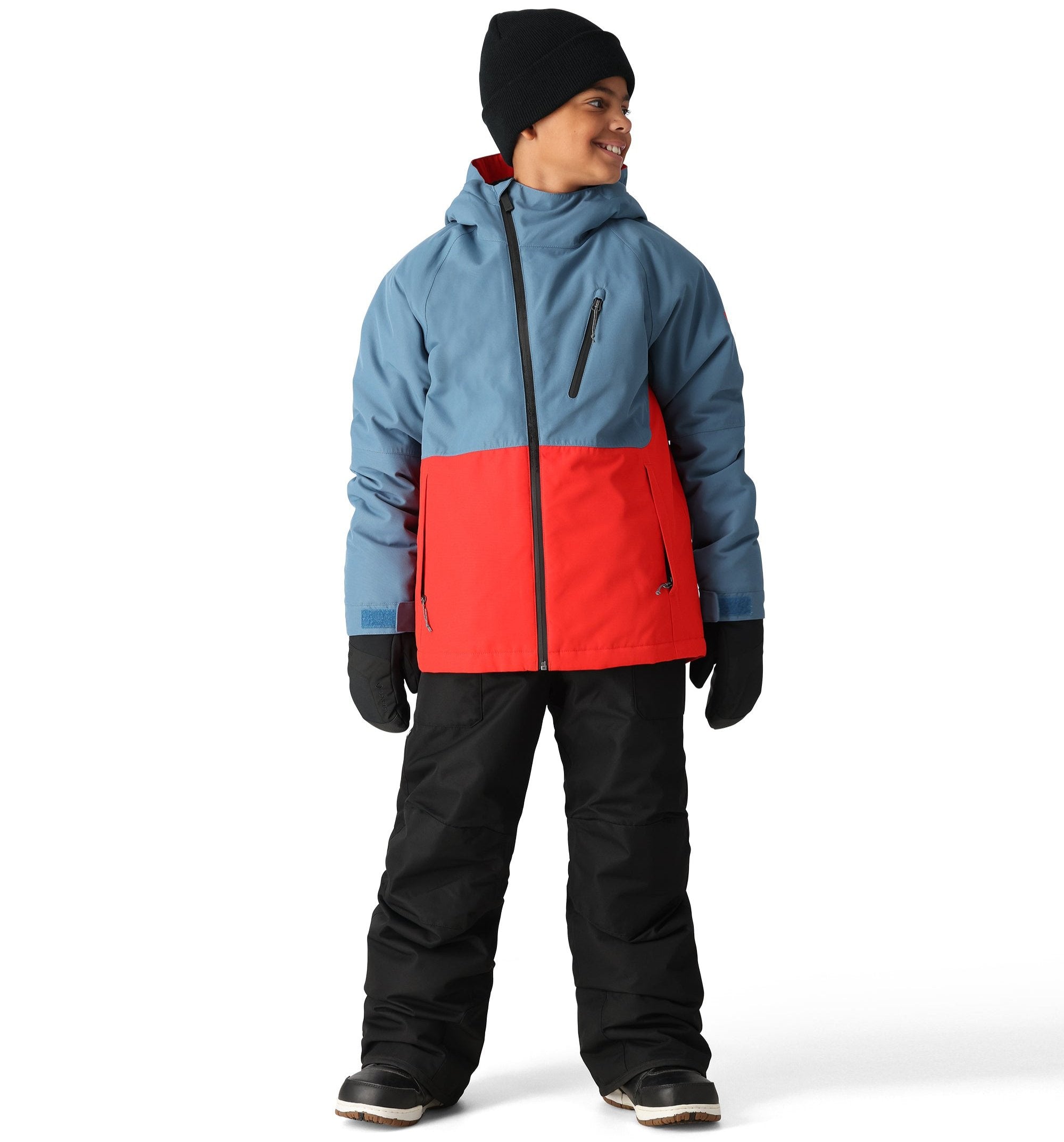 The 686 brand Boy's Frontier Insulated Bib Pant is shown in black with red accents on the front and side views.