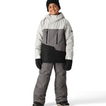 The 686 Boy's Frontier Insulated Bib 2025 is depicted in a grey color with an insulated hood.