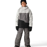 The 686 Boy's Frontier Insulated Bib 2025 is depicted in a grey color with an insulated hood.