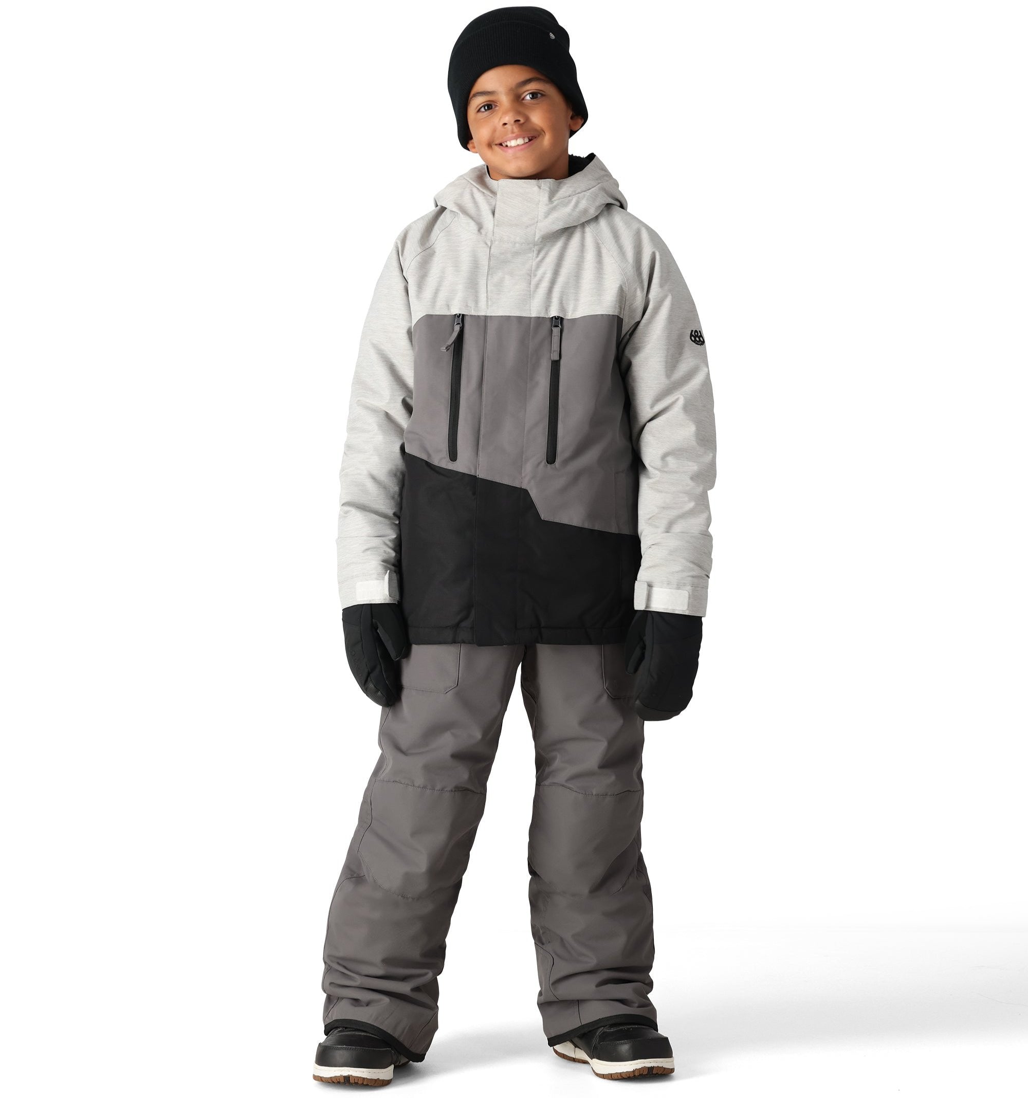 The 686 Boy's Frontier Insulated Bib 2025 is depicted in a grey color with an insulated hood.