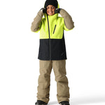 The 686 Boy's Frontier Insulated Bib 2025 features a neon green and black color scheme with a zippered front and two side pockets.