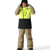 The 686 Boy's Frontier Insulated Bib 2025 features a neon green and black color scheme with a zippered front and two side pockets.