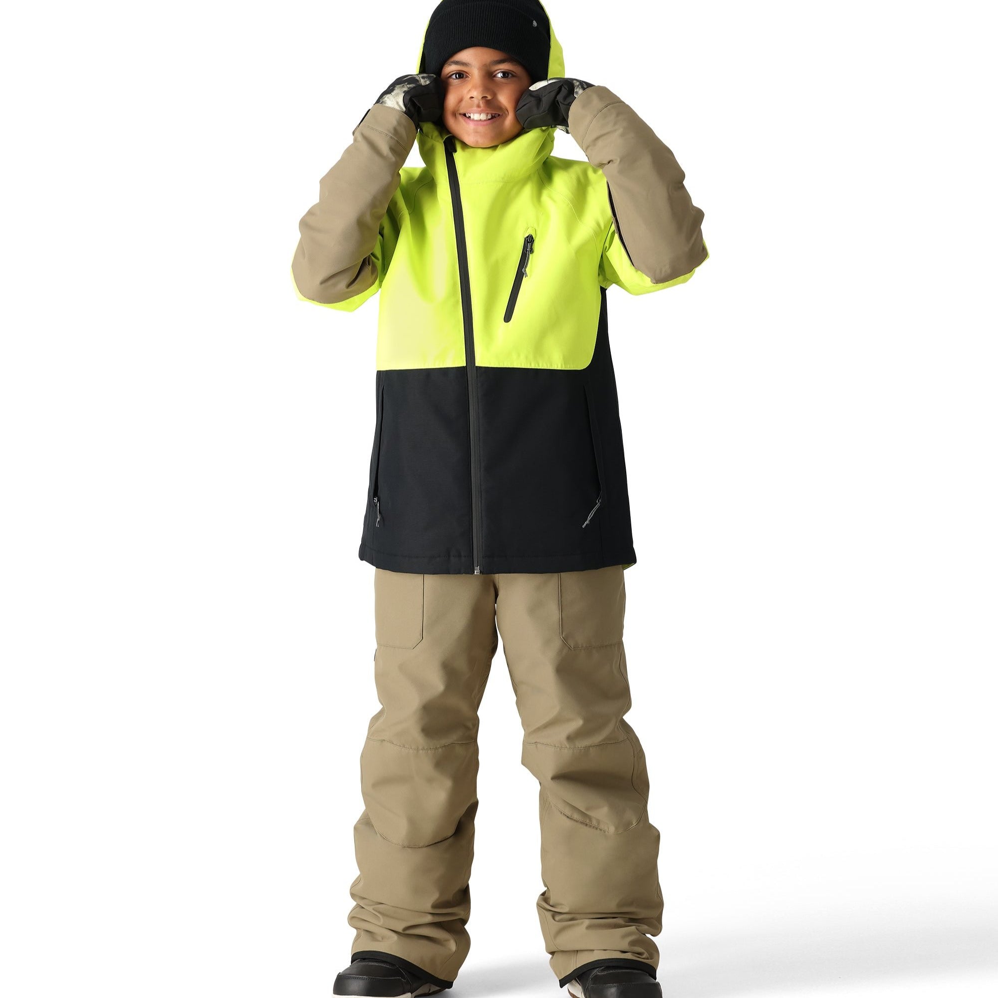 The 686 Boy's Frontier Insulated Bib 2025 features a neon green and black color scheme with a zippered front and two side pockets.