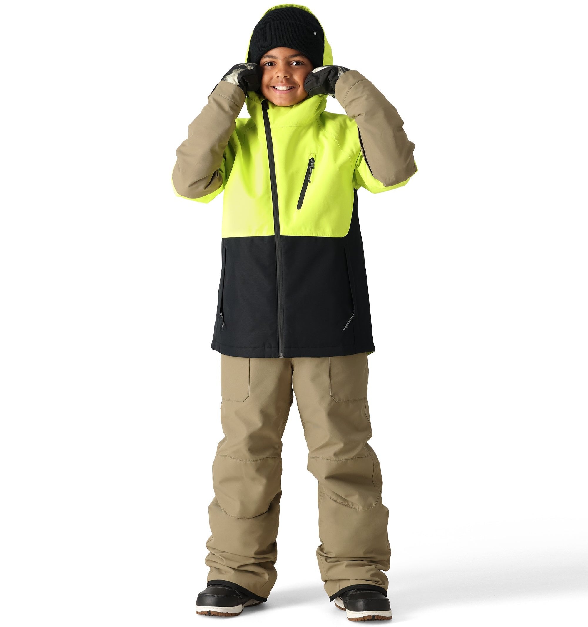 The 686 Boy's Frontier Insulated Bib 2025 features a neon green and black color scheme with a zippered front and two side pockets.