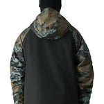 The 686 Geo Insulated Jacket 2025 has a black front with a camouflage patterned hood and sleeves.