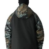The 686 Geo Insulated Jacket 2025 has a black front with a camouflage patterned hood and sleeves.
