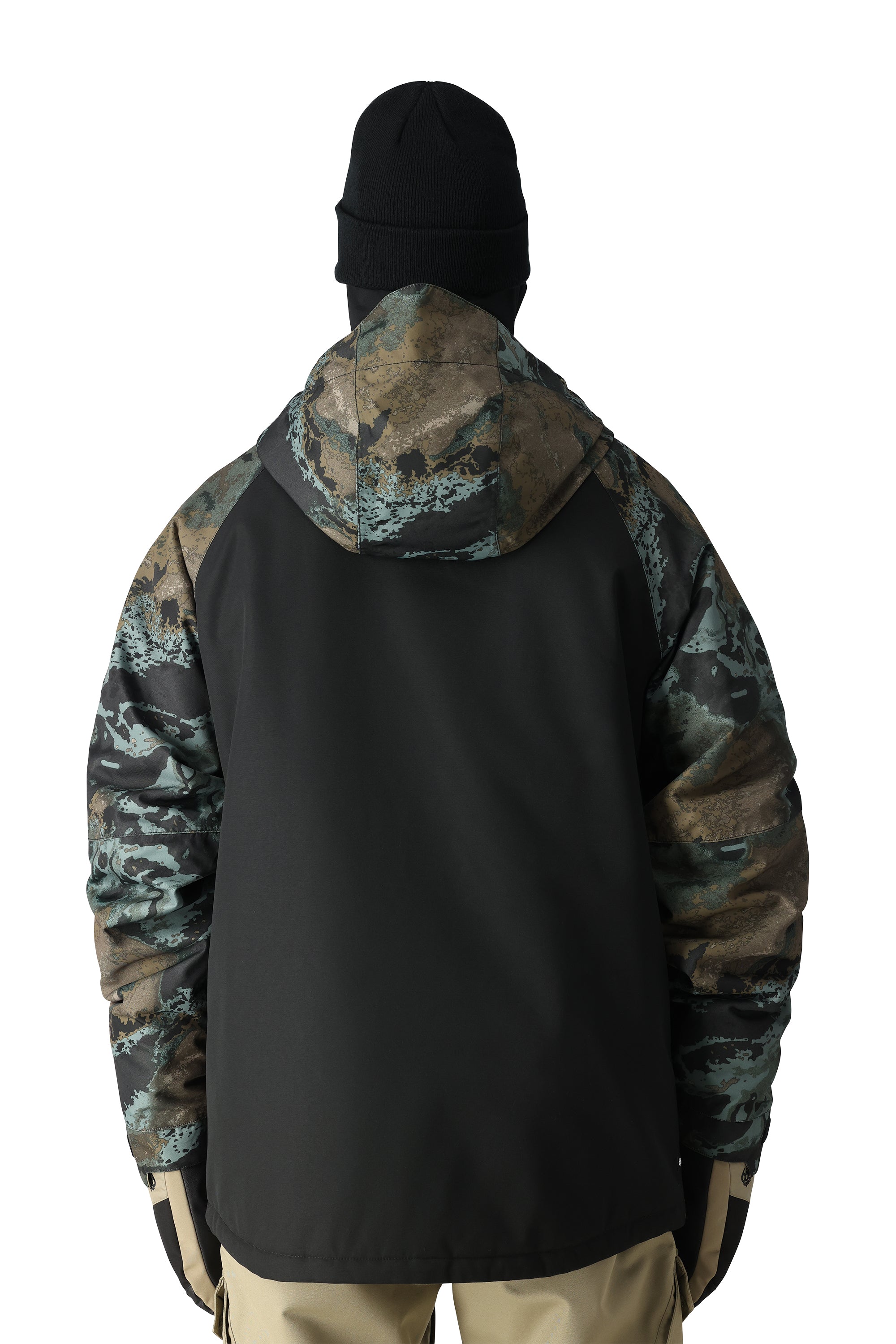 The 686 Geo Insulated Jacket 2025 has a black front with a camouflage patterned hood and sleeves.