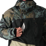 The 686 Geo Insulated Jacket 2025 is black with green and brown splotches, showcasing an insulated hood and a zippered front.